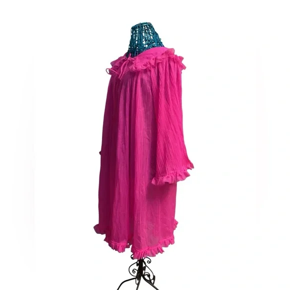 💥PRICE DROP💥 Vintage Union Made Hot Pink Chiffon Sheer Robe Peignoir Ruffles - Picture 2 of 5